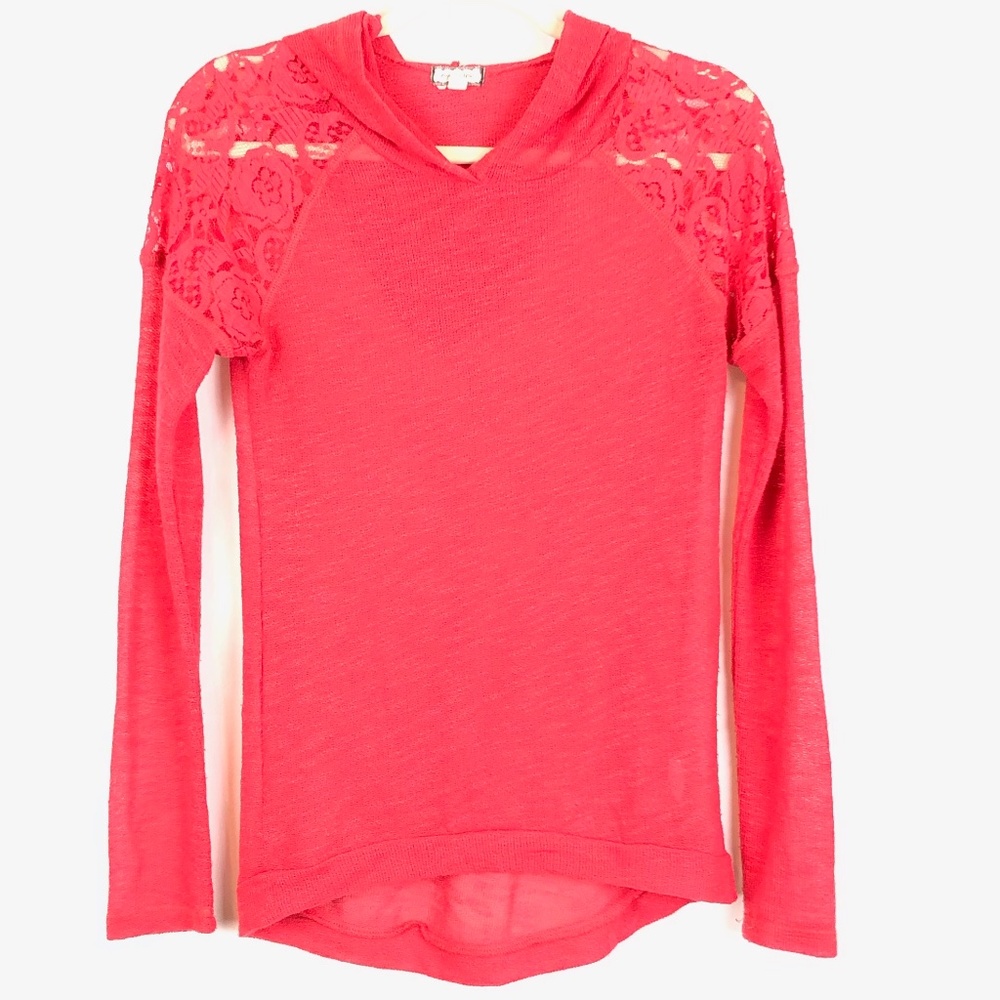 Eyeshadow Coral High Low Long Sleeve Top w Hood